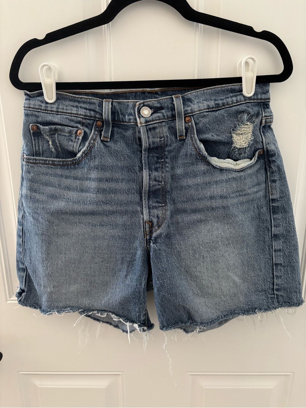 Levi's Light Blue Distressed button fly High-Rise Jean Shorts